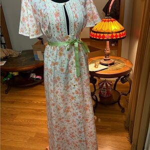 Vintage Floral Maxi Dress with Green Ribbon